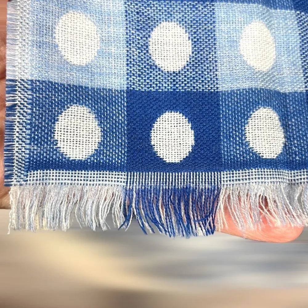 NWT TALBOTS Wool Blend Blue White Polka Dot Check Fringe Trim Wrap Scarf
